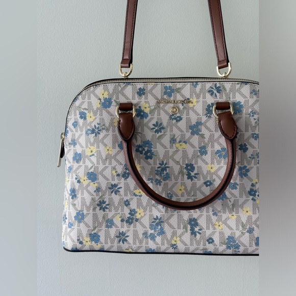 Michael Kors Cindy Vanilla Dome Satchel Purse Floral Print Blue Yellow Leather - Picture 1 of 17